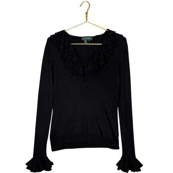 Lauren Ralph Lauren Silk Cashmere Ruffle Neck Sweater Witchy Boho Black Medium - Picture 9 of 10